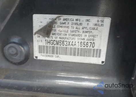 2004 Honda Accord 2.4 Lx z USA, uszkodzony, nr VIN 1HGCM563X4A165670